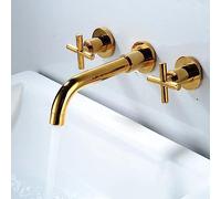 All-Copper One-Piece Black Antique Basin Faucet Concealed Buried Wall Hot and Cold, Gold Cross Handle