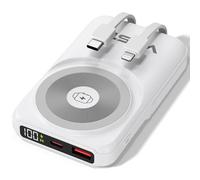 All-IN-One Power Bank 10.000 mAh Blanco - Carga rápida de 22,5W, PD20W, Carga inalámbrica de 15W, Cargador Apple Watch, Cables Integrados (USB-C y Lightning), Pantalla LED, Soporte de Aluminio