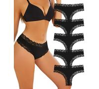 ALL OF SHE Bragas Brasileñas Mujer Algodón - Pack de 5 Negras con Encaje Suave, Cómodas y Transpirables, Ropa Interior Diaria-S