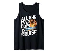 All She Ever Does Is Cruise, diseño retro de palmera puesta de sol Camiseta sin Mangas