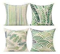 All Smiles Juego de 4 Fundas de Almohada Decorativas de Hojas Verdes para Exteriores, diseño de Hojas de Palmera Tropical, cojín Cuadrado de algodón y Lino de 16 x 16 Pulgadas, para sofá o Patio