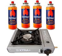 All4sale - Cocina de Camping Gas Portátil Dual con 4 Recargas B-250, Compatible con Cartucho y Botella de Butano, Encendido Automático, Hornillo Compacto para Exterior y Emergencias