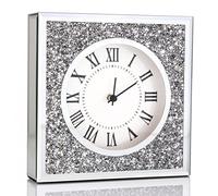 ALLARTONLY Reloj pequeño de Escritorio de 20 x 20 x 5 cm, Cristal Brillante, Cuadrado, con Diamantes triturados, Espejo Decorativo, para decoración del hogar, Espejo Plateado, no Incluye Pilas AA.