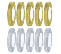 Allazone 10 Rodar Organza Ribbon, Cinta Dorada y Plateada, Cinta de Organza Dorada y Plata, Cinta de Organza Brillante para Boda, Vacaciones, Decoracion del Hogar, 1CM x 22 Metros