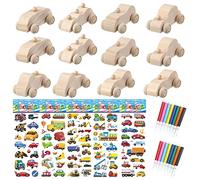 Allazone 12 Pz Coches de Madera para Pintar, Artesanías de Coche De Madera Mini Madera Coches Creativo con Pegatina para Proyectos de Manualidades
