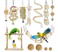 Allazone 13 Pz Juguetes para Pájaros, Escalera de Madera, Pájaros Juguetes con Campanas Que Cuelga la Perca Juguete para Pequeños y Medianos Loros de Aves