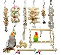 Allazone 14 Pz Juguetes para Pájaros, Escalera de Madera, Pájaros Juguetes con Campanas Que Cuelga la Perca Juguete para Pequeños y Medianos Loros de Aves