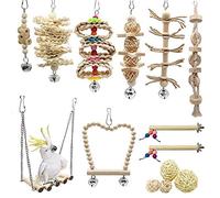 Allazone 14 Pz Juguetes para Pájaros, Escalera de Madera, Pájaros Juguetes con Campanas Que Cuelga la Perca Juguete para Pequeños y Medianos Loros de Aves