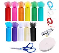 Allazone 17 Pz Rollo de Tul, 11 Rollo de Cinta de Tul con Purpurina, Banda Elástica, Tijera de Coser, Cinta Métrica para Mesa, Silla, Lazo, Falda, Costura, Artesanía, Decoración de Fiesta