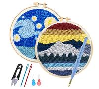 Allazone 2 Kit de Bordado de Aguja de Perforación, Punzonado y Aros, Bolígrafo Mágico Bordado, Tela de Perforación para Coser, El Cielo Estrellado y El Lago