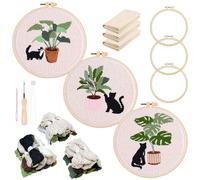 Allazone 3 Pz Kit de Arranque Punch Needle, Kit de Bordado con Aguja Perforada con Plantas y Gatos Gráficos para Adultos Principiante, Herramientas de Enhebrador para Perforar Aguja