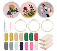 Allazone 3 Pz Kit de Arranque Punch Needle, Kit de Bordado Principiantes, Kit de Inicio de Bordado, Kit de Herramienta con Aros de Bordado, Tela Bordada, Hilos de Colore (Plantas y Flores)