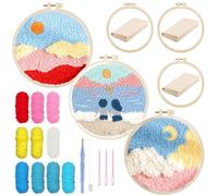 Allazone 3 Pz Kit de Arranque Punch Needle, Kit de Inicio de Bordado, Kit de Bordado Principiantes, Kit de Herramienta con Aros de Bordado, Tela Bordada, Hilos de Colores (Cielo y Océano)