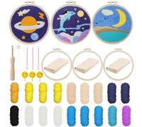 Allazone 3 Pz Kit de Bordado con Aguja Perforada, Kit de Arranque Punch Needle con Gráficos para Adultos Principiante, Herramientas de Enhebrador para Perforar Aguja (Planeta, Delfín, Luna)