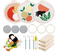 Allazone 3 Pz Kit de Bordado con Aguja Perforada, Kit de Arranque Punch Needle con Gráficos para Adultos Principiante, Herramientas de Enhebrador para Perforar Aguja (Frutas, Gatos)