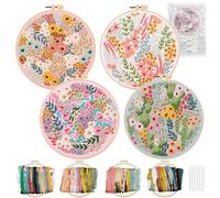 Allazone 4 Set Kit de Inicio de Bordado, Casa de Flor Bordar a Mano Kit Principiantes, Beginner Kit de Bordado para Principiantes y Aficionados