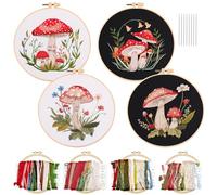 Allazone 4 Set Kit de Inicio de Bordado, Casa de Setas Bordar a Mano Kit Principiantes, Beginner Kit de Bordado para Principiantes y Aficionados