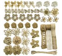 Allazone 46 PCS Natural Burlap Flowers Set, 3 Rolls Lace Burlap Ribbon and 40 PCS Handmade Burlap Rose Flowers, Twine Ribbon and Glue Point for DIY Craft Wedding Party Gift Decor