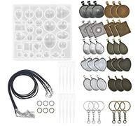 Allazone 57 Pz Bisel de Joyería Colgantes Cabujón y Molde Silicona Resina Domo de Vidrio, 5 Estilo Bases de Colgante y Llavero, Cuerda de Cera Negra para Pulsera Collar Artesanal Bricolaje