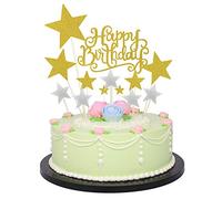 Allazone Decoraciones para Tarta, 1 Pz Oro Happy Birthday y 12 Pz Palillos con Estrellas Doradas y Plateadas, Happy Birthday Topper Decoración para Cumpleaños Baby Shower Fiesta Temática