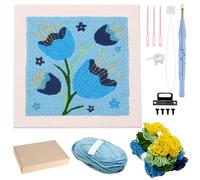 Allazone Kit Aguja Perforadora Punch Needle Marco Punch Needle Kit Cuadrada Kit de Bordado con Aguja Perforada con Estampado de Flores para Adultos Principiantes (Azul)