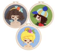 Allazone Kit de Inicio de Bordado, 3 Pz Juegos de Bordar, Kit de Bordado Principiantes, Kit de Herramienta con Aros de Bordado, Tela Bordada, Hilos de Colores, Estilo Femenino