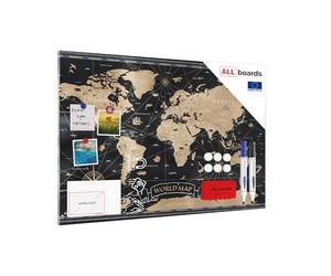 ALLboards - Pizarra magnética de metal, diseño de mapa del mundo, color negro, vintage, 90 x 60 cm, metalards, para todo tipo de imanes