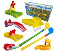 alldoro 60066 Juego de Golf de jardín, con 11 Piezas, con 6 obstáculos, 2 Palos XXL y 3 Pelotas de Golf, minigolf para Interior y Exterior, plástico, para niños a Partir de 3 años