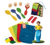 alldoro Juegos de Fiesta Infantil, Set de 18 Piezas para cumpleaños | 4 juegos de jardín: carrera de sacos y huevos, lanzamiento de bolsitas y carrera de tres piernas, para casa y colegio