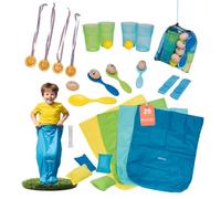 alldoro Juegos de Fiesta Infantil XXL, Set de 29 Piezas, cumpleaños | 5 juegos de jardín: carrera de sacos, del huevo, lanzamiento de saquitos, carrera a 3 piernas y pop-it con pelotas