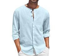 Allegorly - Camisa de lino para hombre, camisa de lino, para hombre, camisas de manga larga, informal, de manga larga, delgada, camisas de verano, ligero, algodón, casual de playa, Azul-A, 3XL