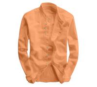 Allegorly - Camisa de lino para hombre, camisa de lino, para hombre, camisas de manga larga, informal, de manga larga, delgada, camisas de verano, ligero, algodón, casual de playa, naranja y b, L