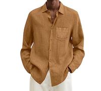 Allegorly - Camisa de lino para hombre, camisas casuales para corte recto y abotonado, corte clásico, ligeras, verano, camisas regulares de playa, casual, Brun-a, M