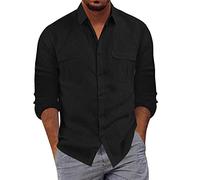 Allegorly Camisa Hombre Camisa Hawaiana Hombre Camisas de Lino Manga Larga Verano Algodón Slim Fit Ideal para Oficina y Salidas Casuales, B-le negro, M