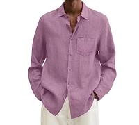 Allegorly Camisa Lino Hombre Camisa Camisas de Lino Y Algodón Manga Larga Casual Apretones Regular Corte Estándar Verano Atrapado Camisas De Vacaciones, Rose-a., XL