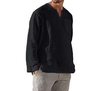 Allegorly Camisa Lino Hombre Camisa Hawaiana Hombre Manga Larga Camisas Casual Algodón Hombres Camiseta Personalizado Verano Atrapado Camisas De Vacaciones, 1-le black, L