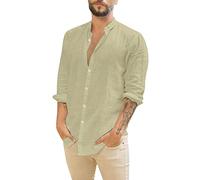 Allegorly Camisa Lino Hombre Camisa Hawaiana Hombres Camisas Lino Algodón Manga Larga Botón Bajo Corte Regular Slim Fit Verano Atrapado Camisas De Vacaciones, A-beige., 3XL