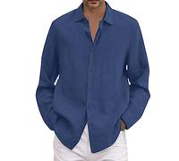 Allegorly Camisa Lino Hombre Camisa Hombre Camisas de Lino Manga Larga Verano Algodón Casual Camisa De Verano Atrapado Camisas De Vacaciones, A-azul, M