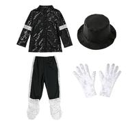 Allegorly Disfraz Rey Del Pop Para Niño Disfraces Para Niños Chaqueta Pantalón Sombrero Guantes Negros Lentejuelas Traje Retro Años Accesorios Completos Halloween Carnaval Infantiles
