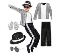 Allegorly Disfraz Rey Del Pop Para Niño Disfraz Espectáculo Infantil Chaqueta Y Pantalón Lentejosos Estilo Años 80 90 Conjunto Chaqueta a Rayas Y Pantalón Dorado Lentejoso Para Fiestas Actuaciones