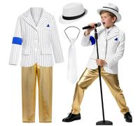 Allegorly Disfraz Rey Del Pop Para Niño Disfraz Para Niños Chaqueta Y Pantalón Lentejosos Estilo Años 80 90 Conjunto Chaqueta a Rayas Y Pantalón Dorado Lentejoso Fiestas Actuaciones
