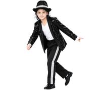 Allegorly Traje De Estrella Pop Niño Trajes De Actuación Conjunto Baile Con Chaqueta Lentejuelas Negra Sombrero Y Guantes Estilo Años 80/90 Accesorios Completos Para Halloween Carnaval Infantiles