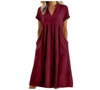 Allegorly Vestido de Gran Tamaño Mujer Vestido Largo Mujer De Gran Tamaño Vestidos Mangas Cuello en V Atrapado Agradable Al Tocar Vestidos De Playa De Manga Corta Camisa Con Bolsillos, B-rojo., XL