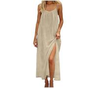 Allegorly Vestido largo para mujer de verano sin espalda con tirantes de espagueti corte suelto y recto vestidos casuales sin mangas color sólido espagueti playa vestidos con cordón, Beige #1, S