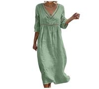 Allegorly Vestido Lino Tamaño Grande Vestido Largo Grande Mujer Vestidos Manga Cuello en V Atrapado Transpirable Vestidos Casual Suelto Vestidos Vestidos de Color Sólido Casual Playa Vacaciones