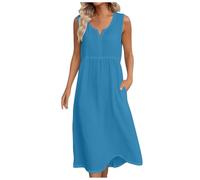 Allegorly Vestido Mujer Vestido Largo Verano Mujer Mediados Vestidos Mangas Cuello V Atrapado Cómodo Vestidos Color Sólido Transpirable Verano Playa Vacaciones Maxi Vestido, C-azul, S