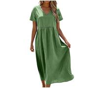 Allegorly Vestido Mujer Vestido Largo Verano Mujer Mediados Vestidos Mangas Cuello V Atrapado Cómodo Vestidos Color Sólido Transpirable Verano Playa Vacaciones Maxi Vestido, B-Verde., L