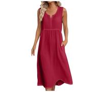 Allegorly Vestido Mujer Vestido Largo Verano Mujer Mediados Vestidos Mangas Cuello V Atrapado Cómodo Vestidos Color Sólido Transpirable Verano Playa Vacaciones Maxi Vestido, C-rojo, L