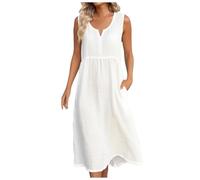 Allegorly Vestido Mujer Vestido Largo Verano Mujer Mediados Vestidos Mangas Cuello V Atrapado Cómodo Vestidos Color Sólido Transpirable Verano Playa Vacaciones Maxi Vestido, C-blanco, XXL