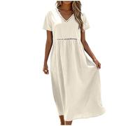 Allegorly Vestido Mujer Vestido Largo Verano Mujer Mediados Vestidos Mangas Cuello V Atrapado Cómodo Vestidos Color Sólido Transpirable Verano Playa Vacaciones Maxi Vestido, B-Beige, XL